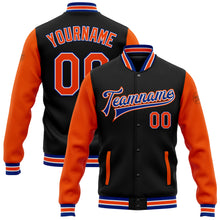 Load image into Gallery viewer, Custom Black Orange-Royal Bomber Full-Snap Varsity Letterman Two Tone Jacket