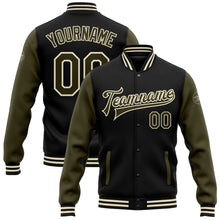 Load image into Gallery viewer, Custom Black Olive-Cream Bomber Full-Snap Varsity Letterman Two Tone Jacket