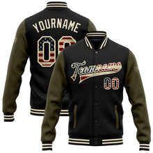 Load image into Gallery viewer, Custom Black Vintage USA Flag Cream-Olive Bomber Full-Snap Varsity Letterman Two Tone Jacket