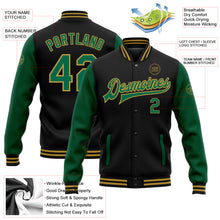 Load image into Gallery viewer, Custom Black Kelly Green-Old Gold Bomber Full-Snap Varsity Letterman Two Tone Jacket