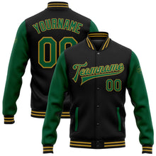 Load image into Gallery viewer, Custom Black Kelly Green-Old Gold Bomber Full-Snap Varsity Letterman Two Tone Jacket