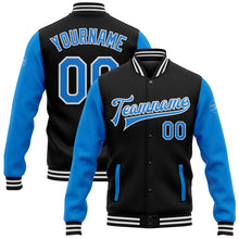 Load image into Gallery viewer, Custom Black Powder Blue-White Bomber Full-Snap Varsity Letterman Two Tone Jacket