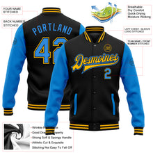 Load image into Gallery viewer, Custom Black Powder Blue-Gold Bomber Full-Snap Varsity Letterman Two Tone Jacket