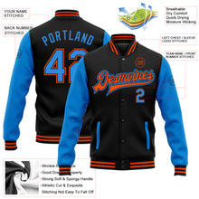 Load image into Gallery viewer, Custom Black Powder Blue-Orange Bomber Full-Snap Varsity Letterman Two Tone Jacket