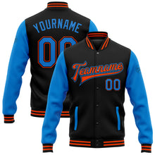 Load image into Gallery viewer, Custom Black Powder Blue-Orange Bomber Full-Snap Varsity Letterman Two Tone Jacket