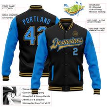 Load image into Gallery viewer, Custom Black Powder Blue-Old Gold Bomber Full-Snap Varsity Letterman Two Tone Jacket