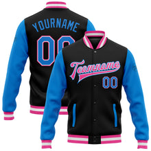Load image into Gallery viewer, Custom Black Powder Blue-Pink Bomber Full-Snap Varsity Letterman Two Tone Jacket