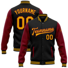 Load image into Gallery viewer, Custom Black Gold-Crimson Bomber Full-Snap Varsity Letterman Two Tone Jacket