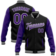Load image into Gallery viewer, Custom Black Purple-White Bomber Full-Snap Varsity Letterman Two Tone Jacket