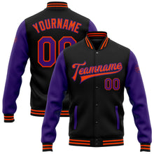 Load image into Gallery viewer, Custom Black Purple-Orange Bomber Full-Snap Varsity Letterman Two Tone Jacket