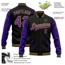 Load image into Gallery viewer, Custom Black Purple-Old Gold Bomber Full-Snap Varsity Letterman Two Tone Jacket