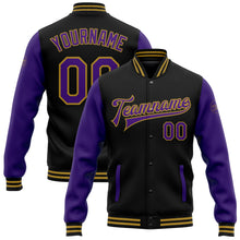 Load image into Gallery viewer, Custom Black Purple-Old Gold Bomber Full-Snap Varsity Letterman Two Tone Jacket