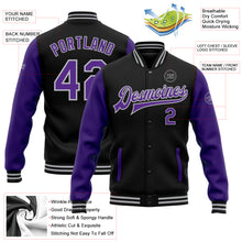 Load image into Gallery viewer, Custom Black Purple-Gray Bomber Full-Snap Varsity Letterman Two Tone Jacket