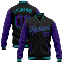 Load image into Gallery viewer, Custom Black Purple-Teal Bomber Full-Snap Varsity Letterman Two Tone Jacket