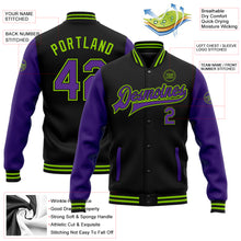Load image into Gallery viewer, Custom Black Purple-Neon Green Bomber Full-Snap Varsity Letterman Two Tone Jacket