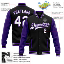 Load image into Gallery viewer, Custom Black White-Purple Bomber Full-Snap Varsity Letterman Two Tone Jacket