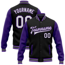 Load image into Gallery viewer, Custom Black White-Purple Bomber Full-Snap Varsity Letterman Two Tone Jacket
