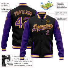 Load image into Gallery viewer, Custom Black Purple-Gold Bomber Full-Snap Varsity Letterman Two Tone Jacket