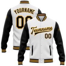 Load image into Gallery viewer, Custom White Black-Gold Bomber Full-Snap Varsity Letterman Two Tone Jacket