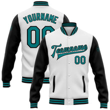 Load image into Gallery viewer, Custom White Teal-Black Bomber Full-Snap Varsity Letterman Two Tone Jacket