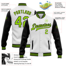 Load image into Gallery viewer, Custom White Neon Green-Black Bomber Full-Snap Varsity Letterman Two Tone Jacket