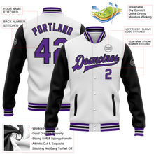 Load image into Gallery viewer, Custom White Purple-Black Bomber Full-Snap Varsity Letterman Two Tone Jacket