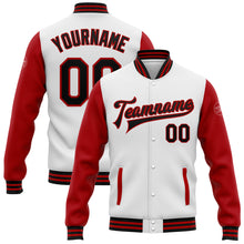 Load image into Gallery viewer, Custom White Black-Red Bomber Full-Snap Varsity Letterman Two Tone Jacket