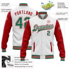Load image into Gallery viewer, Custom White Kelly Green-Red Bomber Full-Snap Varsity Letterman Two Tone Jacket