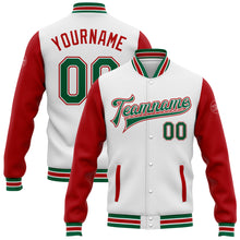 Load image into Gallery viewer, Custom White Kelly Green-Red Bomber Full-Snap Varsity Letterman Two Tone Jacket
