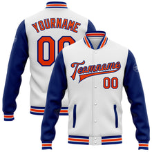 Load image into Gallery viewer, Custom White Orange-Royal Bomber Full-Snap Varsity Letterman Two Tone Jacket