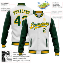 Load image into Gallery viewer, Custom White Green-Gold Bomber Full-Snap Varsity Letterman Two Tone Jacket