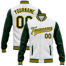 Load image into Gallery viewer, Custom White Green-Gold Bomber Full-Snap Varsity Letterman Two Tone Jacket