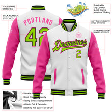 Load image into Gallery viewer, Custom White Neon Green Black-Pink Bomber Full-Snap Varsity Letterman Two Tone Jacket