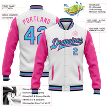 Load image into Gallery viewer, Custom White Sky Blue Black-Pink Bomber Full-Snap Varsity Letterman Two Tone Jacket