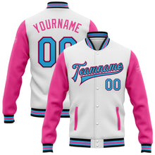 Load image into Gallery viewer, Custom White Sky Blue Black-Pink Bomber Full-Snap Varsity Letterman Two Tone Jacket