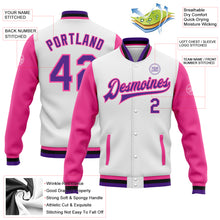 Load image into Gallery viewer, Custom White Purple Pink-Black Bomber Full-Snap Varsity Letterman Two Tone Jacket