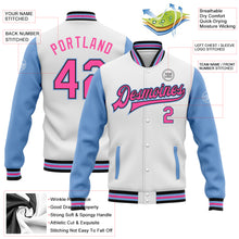 Load image into Gallery viewer, Custom White Pink Black-Light Blue Bomber Full-Snap Varsity Letterman Two Tone Jacket
