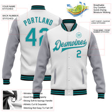 Load image into Gallery viewer, Custom White Teal Gray-Black Bomber Full-Snap Varsity Letterman Two Tone Jacket