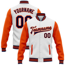 Load image into Gallery viewer, Custom White Navy-Orange Bomber Full-Snap Varsity Letterman Two Tone Jacket