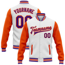 Load image into Gallery viewer, Custom White Purple-Orange Bomber Full-Snap Varsity Letterman Two Tone Jacket