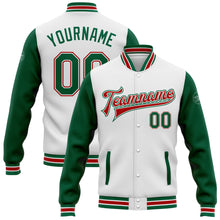 Load image into Gallery viewer, Custom White Kelly Green-Red Bomber Full-Snap Varsity Letterman Two Tone Jacket