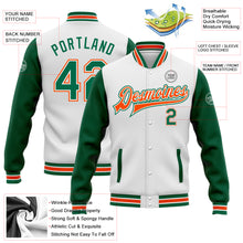 Load image into Gallery viewer, Custom White Kelly Green-Orange Bomber Full-Snap Varsity Letterman Two Tone Jacket