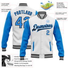 Load image into Gallery viewer, Custom White Powder Blue-Black Bomber Full-Snap Varsity Letterman Two Tone Jacket