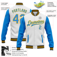 Load image into Gallery viewer, Custom White Powder Blue Gold-Black Bomber Full-Snap Varsity Letterman Two Tone Jacket