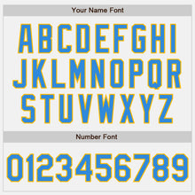 Load image into Gallery viewer, Custom White Powder Blue Gold-Black Bomber Full-Snap Varsity Letterman Two Tone Jacket