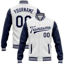 Load image into Gallery viewer, Custom White Navy Bomber Full-Snap Varsity Letterman Two Tone Jacket