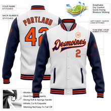 Load image into Gallery viewer, Custom White Orange-Navy Bomber Full-Snap Varsity Letterman Two Tone Jacket