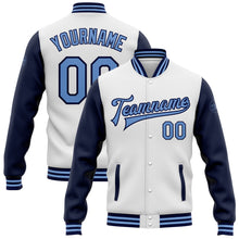 Load image into Gallery viewer, Custom White Light Blue-Navy Bomber Full-Snap Varsity Letterman Two Tone Jacket