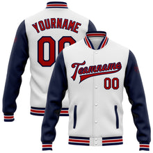 Load image into Gallery viewer, Custom White Red-Navy Bomber Full-Snap Varsity Letterman Two Tone Jacket
