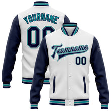 Load image into Gallery viewer, Custom White Navy Gray-Teal Bomber Full-Snap Varsity Letterman Two Tone Jacket